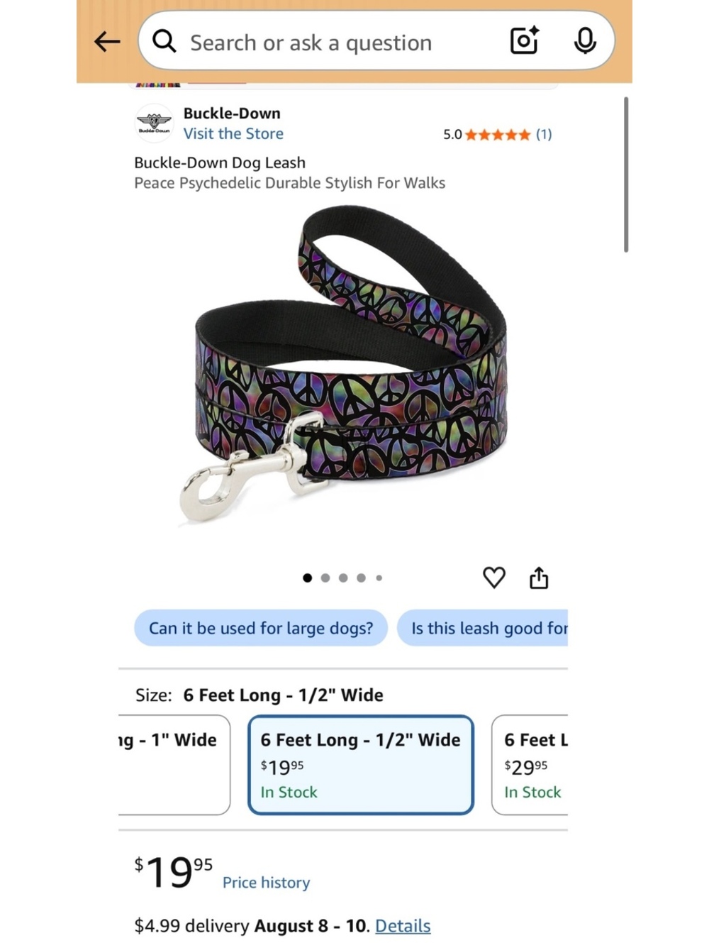 New Buckle-Down 6 Feet Long Peace Psychedelic Dog Leash - Picture 5 of 5
